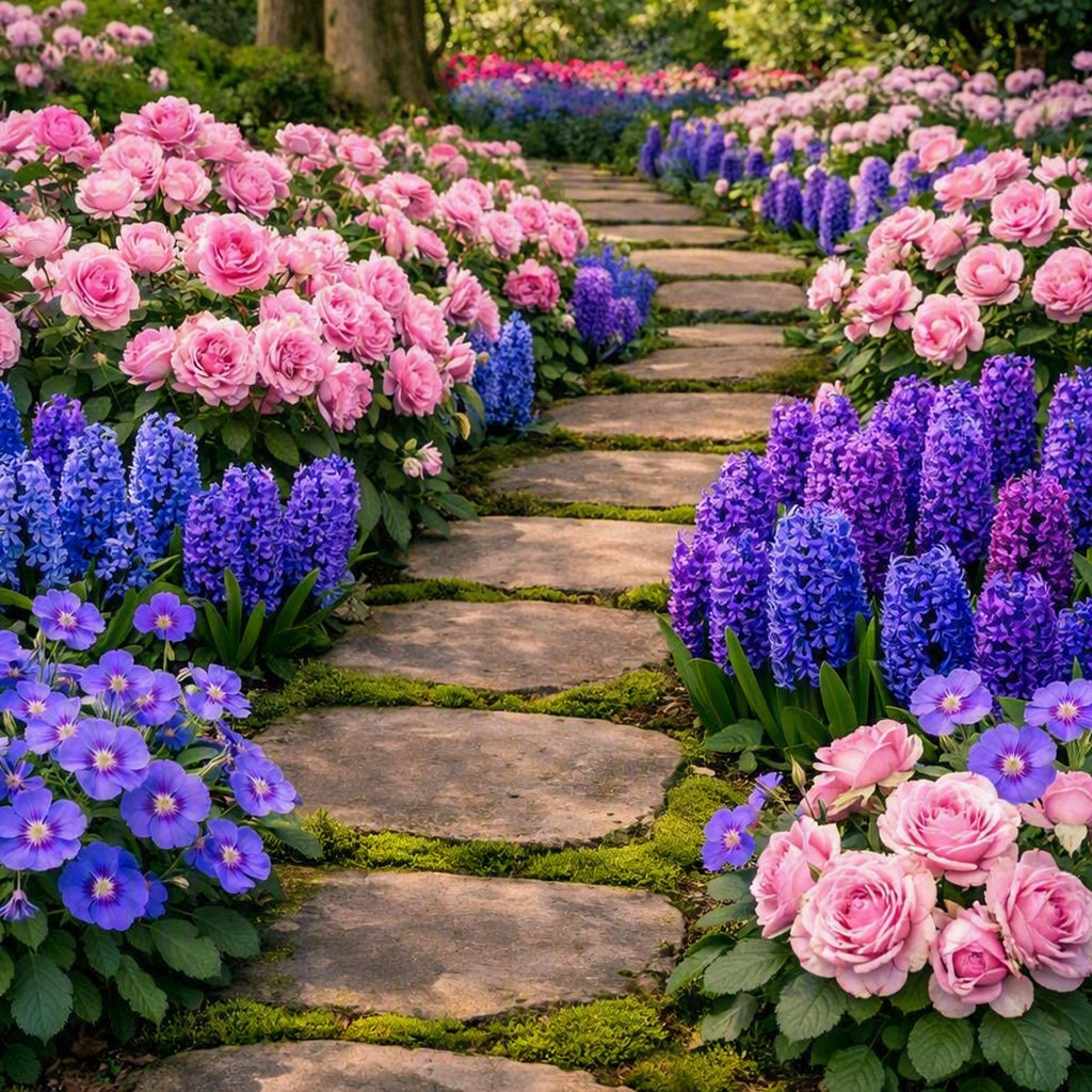 A stone path winding through a lush garden filled with pink roses, purple hyacinths, and blue flowers which represent the fragrance oil Fresh Garden Air.