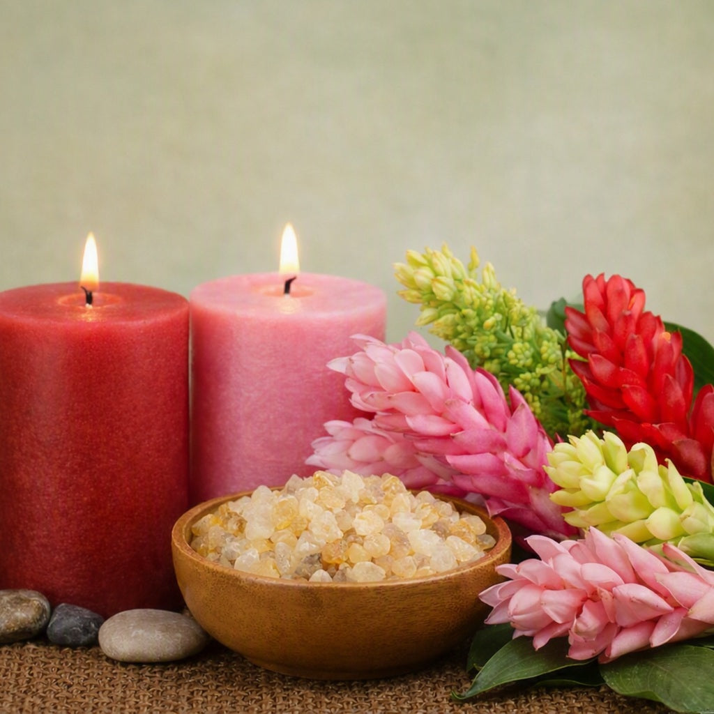 Two lit pink and red candles beside a wooden bowl filled with bath salts, surrounded by pink and red flowers on a burlap surface against a soft beige background. To represent the smell of Ginger Frankincense Fragrance Oil.