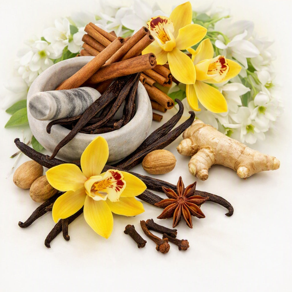 A styled arrangement of whole spices and botanicals on a white background, including cinnamon sticks, vanilla beans, ginger root, star anise, cloves, nuts, and bright yellow orchid flowers around a marble mortar and pestle which represents Ginger Orchid Fragrance Oil.