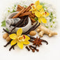 A styled arrangement of whole spices and botanicals on a white background, including cinnamon sticks, vanilla beans, ginger root, star anise, cloves, nuts, and bright yellow orchid flowers around a marble mortar and pestle which represents Ginger Orchid Fragrance Oil.