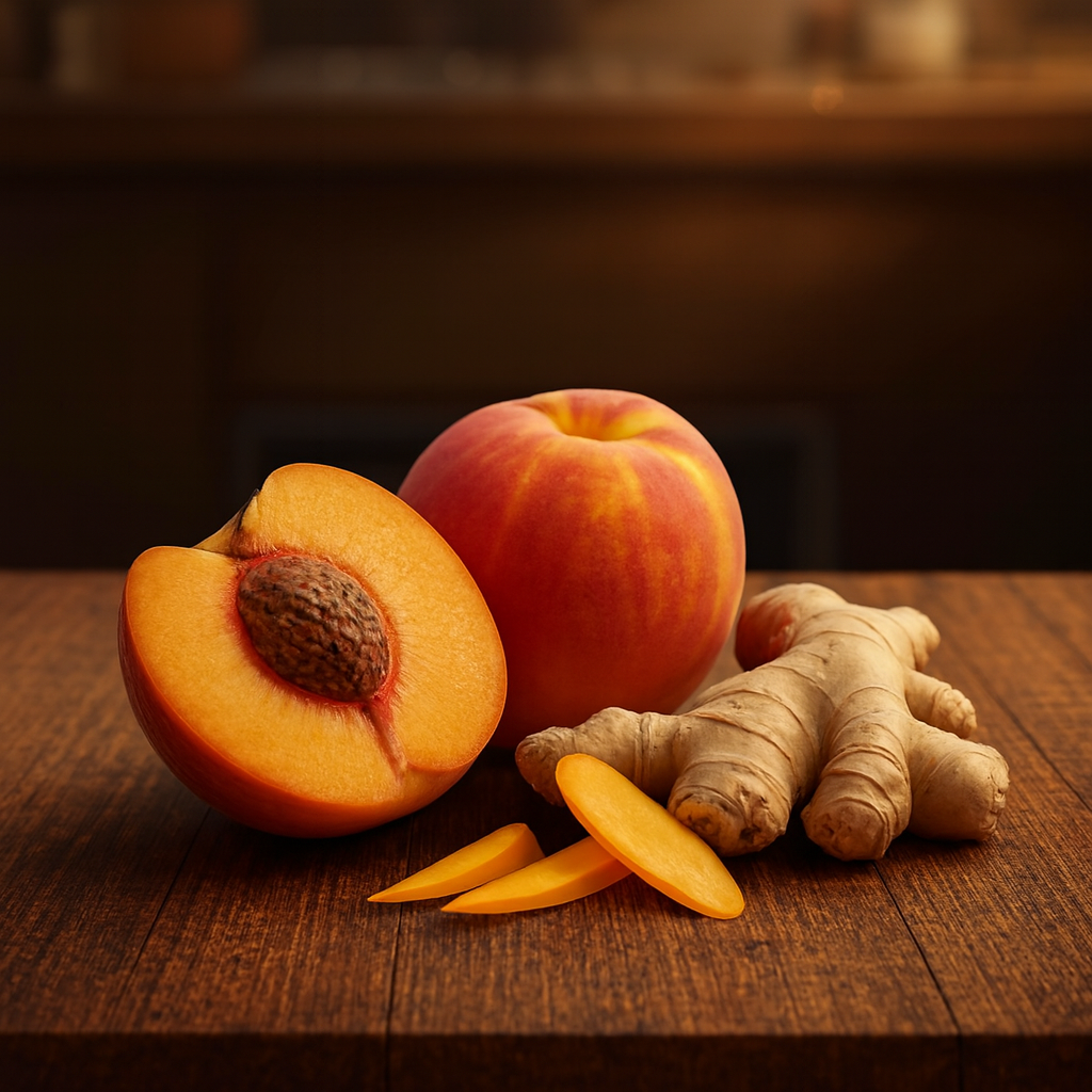 Half-peeled peach, whole peach, and ginger root on a wooden surface with a blurred background inspired by the fragrance oil.