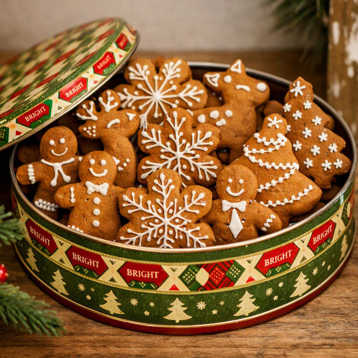 A round metal tin filled with decorated gingerbread cookies shaped like gingerbread men, snowflakes, Christmas trees, and a Santa figure, with the lid leaning against the side on a wooden surface. Gingerbread Fragrance Oil