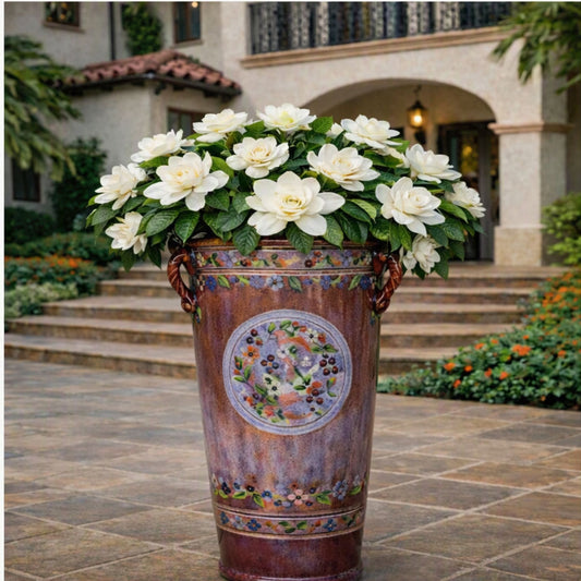 A large decorative Antioch Pottery type planter pot filled with white gardenia flowers, placed outdoors on a stone patio in front of a house. The pot is copper-toned with painted floral and fruit motifs and side handles. Which gives the idea of Glorious Gardenia Fragrance Oil from Northstar.