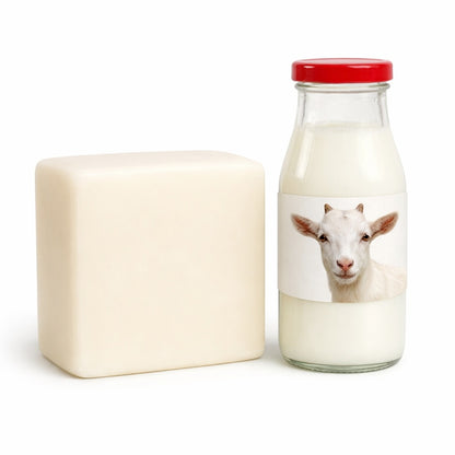 Block of goat milk soap base next to a glass bottle of goat’s milk with a goat on the label.