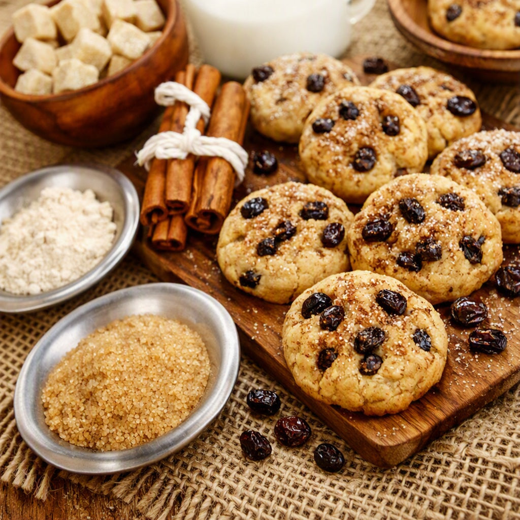 Oatmeal cookie bars with raisins arranged on a wooden board with cinnamon sticks, bowls of sugar, and a white pitcher on a burlap surface. Depicts the scent Grandma's Kitchen Fragrance Oil