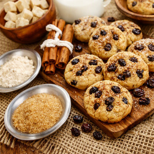 Oatmeal cookie bars with raisins arranged on a wooden board with cinnamon sticks, bowls of sugar, and a white pitcher on a burlap surface. Depicts the scent Grandma's Kitchen Fragrance Oil