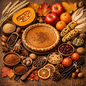 Pumpkin pie surrounded by autumnal fruits, nuts, and spices on a wooden surface. Like foods gathered at harvest in a fragrance oil.