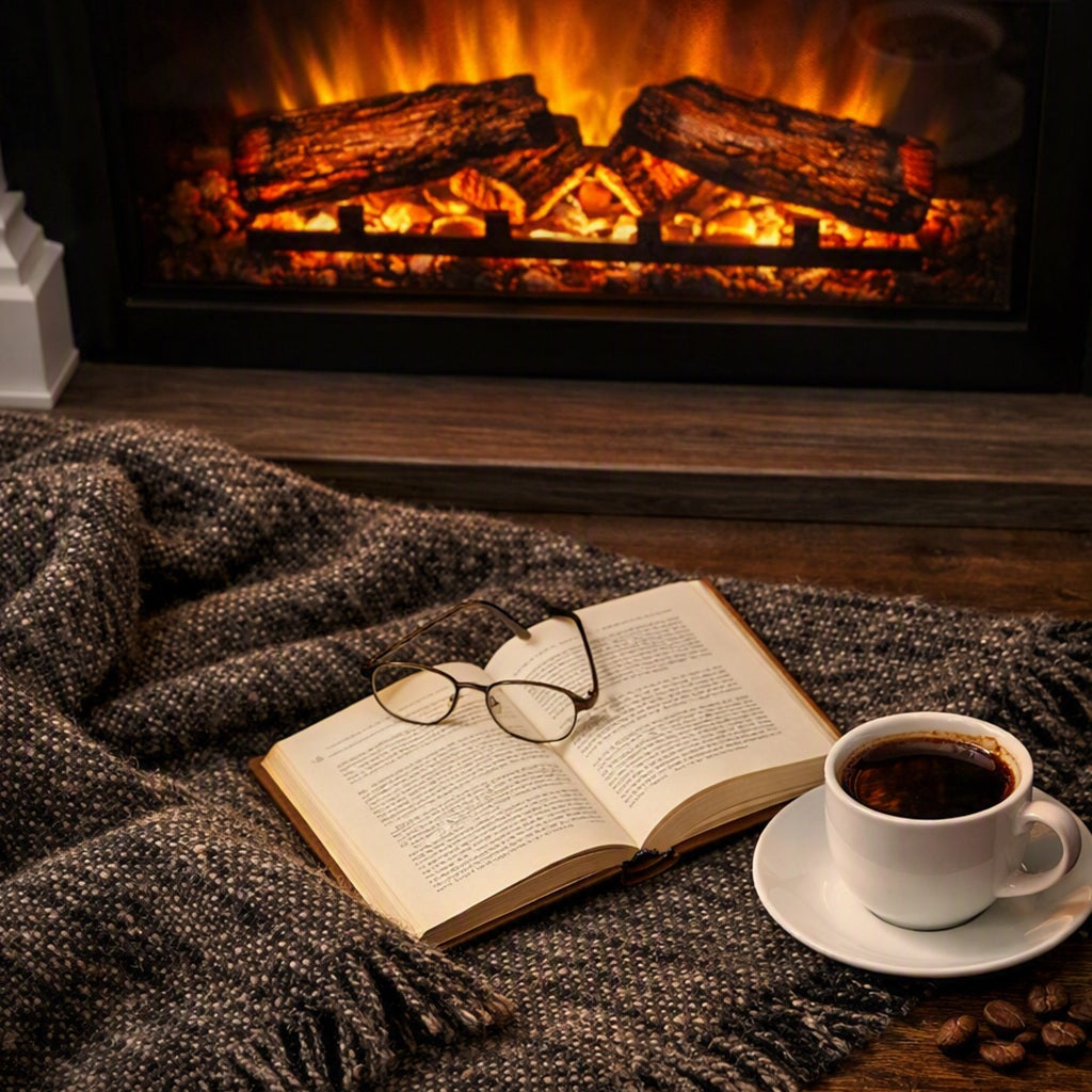 A cozy fireplace scene with an open book on a gray knit blanket, a pair of eyeglasses resting on the pages, and a white cup of black coffee on a saucer. A glowing wood-burning fireplace is visible in the background. The smell of Hearthside Tweed Fragrance Oil.