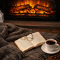 A cozy fireplace scene with an open book on a gray knit blanket, a pair of eyeglasses resting on the pages, and a white cup of black coffee on a saucer. A glowing wood-burning fireplace is visible in the background. The smell of Hearthside Tweed Fragrance Oil.