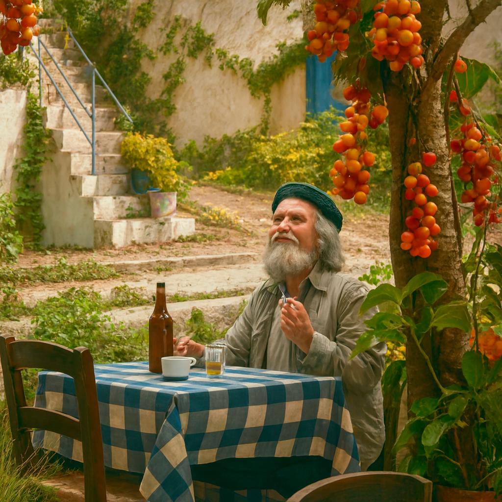 Elderly man with white beard and green cap sitting at a table with a blue and white checkered tablecloth in a rustic courtyard, surrounded by hanging tomato fruits, stone steps, and lush greenery, evoking a serene Mediterranean garden atmosphere and smelling a tomato leaf between his fingers.  Just like the Heritage Tomato Leaf fragrance oil.