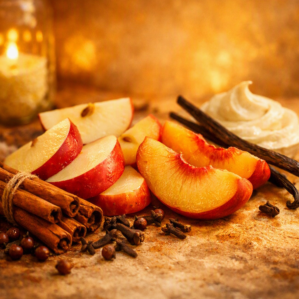 A styled still life of warm spices and fruit slices on a rustic surface, including cinnamon sticks, cloves, vanilla pods, apple slices, peach slices, and a swirl of whipped cream, with a softly blurred candle in the background. Smells like Home again Fragrance Oil.