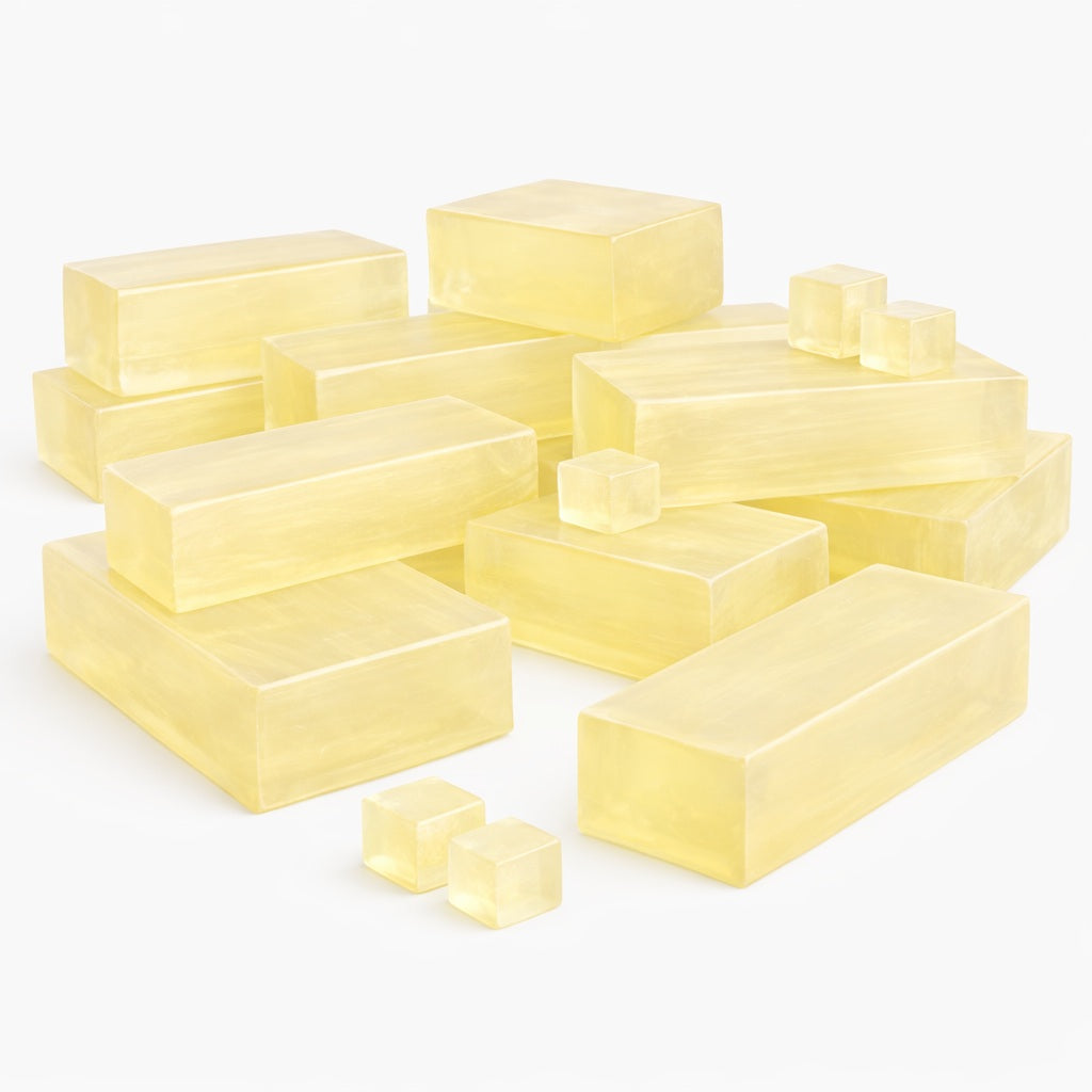 A collection of translucent honey melt and pour soap blocks arranged on a white background. The blocks vary in size, including larger rectangular bars and smaller cubes, all with a warm golden-yellow color and smooth, glossy surfaces. The pieces are grouped loosely together, showing their clarity.