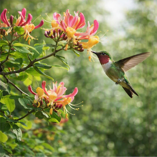 A green hummingbird in flight pollinates pink and yellow honeysuckle flowers on a leafy branch against a soft green blurred background to give the idea of Honeysuckle Fragrance Oil.