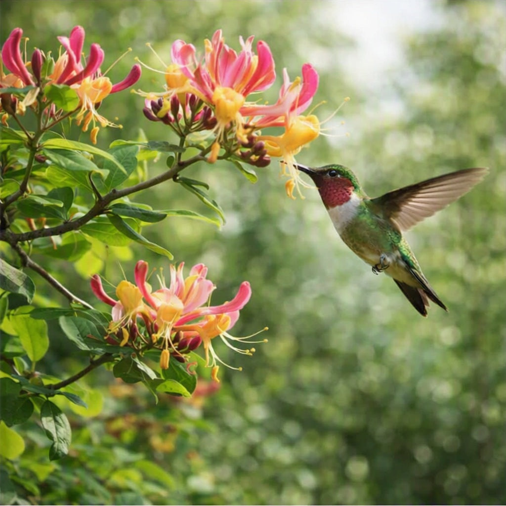 A green hummingbird in flight pollinates pink and yellow honeysuckle flowers on a leafy branch against a soft green blurred background to give the idea of Honeysuckle Fragrance Oil.