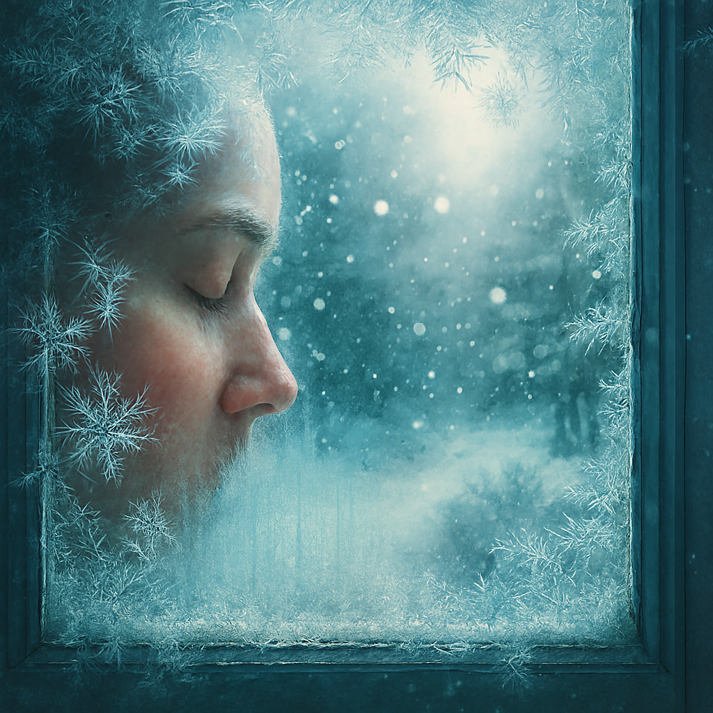 Person resting forehead against frosted windowpane, breath crystallizing on glass as snow falls outside — evoking the sharp, fresh scent of Ice Crystals Fragrance Oil.