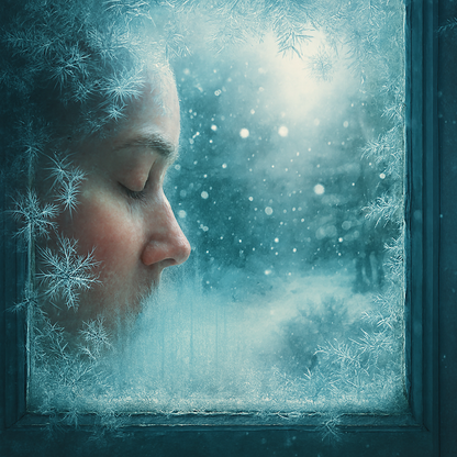 Person resting forehead against frosted windowpane, breath crystallizing on glass as snow falls outside — evoking the sharp, fresh scent of Ice Crystals Fragrance Oil.
