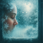 Person resting forehead against frosted windowpane, breath crystallizing on glass as snow falls outside — evoking the sharp, fresh scent of Ice Crystals Fragrance Oil.