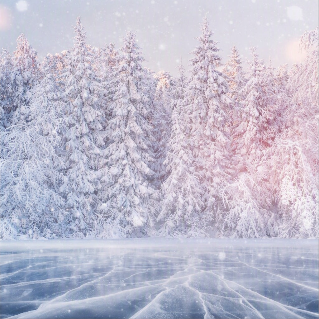 A snowy winter forest scene with snow-covered evergreen trees under a pale sky, with a frozen icy surface in the foreground and soft pinkish light on the right side. Meant to look like Iced Vanilla Woods Fragrance Oil smells.