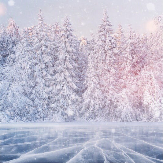 A snowy winter forest scene with snow-covered evergreen trees under a pale sky, with a frozen icy surface in the foreground and soft pinkish light on the right side. Meant to look like Iced Vanilla Woods Fragrance Oil smells.