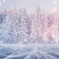 A snowy winter forest scene with snow-covered evergreen trees under a pale sky, with a frozen icy surface in the foreground and soft pinkish light on the right side. Meant to look like Iced Vanilla Woods Fragrance Oil smells.