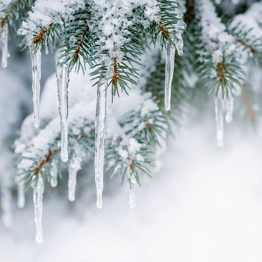 Close-up of snow-covered evergreen branches with long icicles hanging down against a soft white, blurred winter background. Used to get the feel for Icicles and Evergreen Fragrance Oil.
