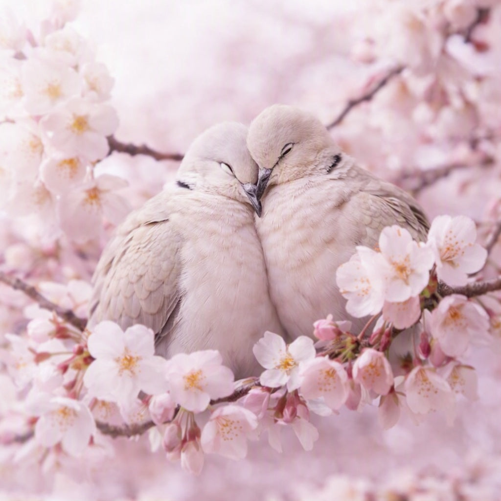 Two pale doves resting together on a branch surrounded by soft pink cherry blossoms. Imagine the scent of Japaneses Cherry Blossom Fragrance Oil