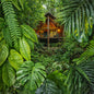 A  eco-tourism treehouse cabin nestled in a dense tropical jungle, surrounded by lush green monstera and palm leaves with warm wood and glass lighting. Meant to give the illusion of the Jungle Leaf Clean Fragrance Oil