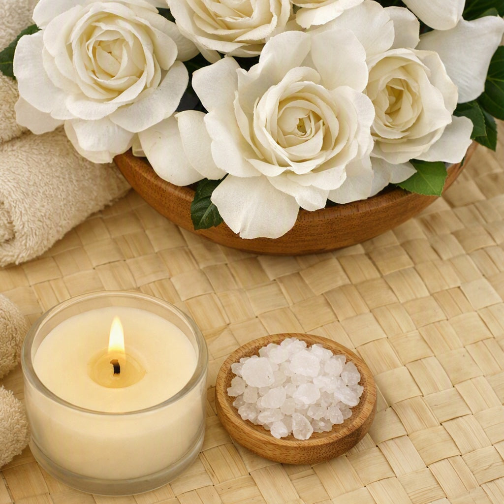 A spa-style arrangement with a lit white candle in a glass holder, a small wooden dish of white bath salts, and a wooden bowl of large white gardenia flowers on a woven beige mat. To give the feel for Kai Gardenia Fragrance Oil