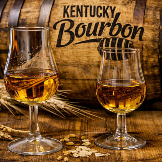Two clear whiskey glasses filled with amber bourbon placed on a wooden surface in front of a wooden barrel printed with the words Kentucky Bourbon. Wheat stalks and a few grains are scattered around the glasses. This feels like the smell of Kentucky Bourbon Fragrance Oil.