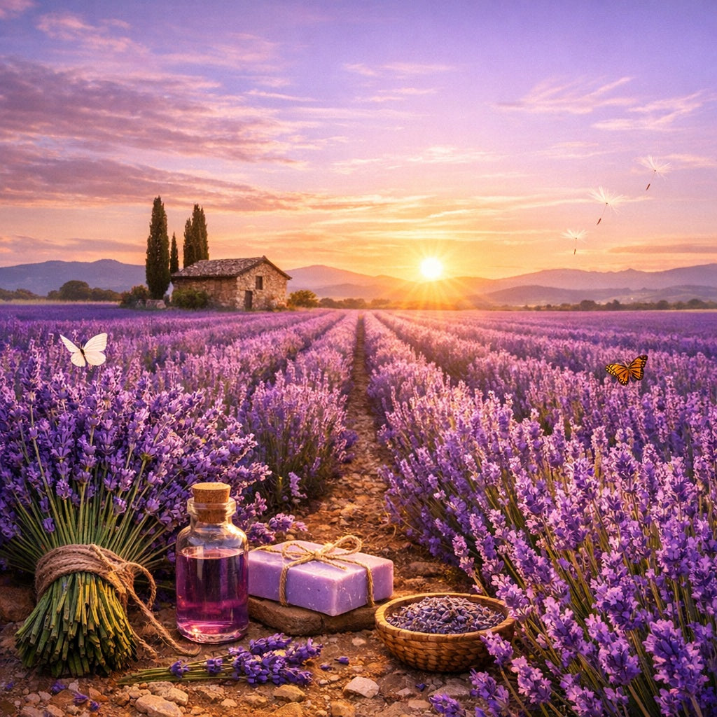 Collections of lavender items that include a field of lavender, a bunch of lavender, soap safe fragrances.