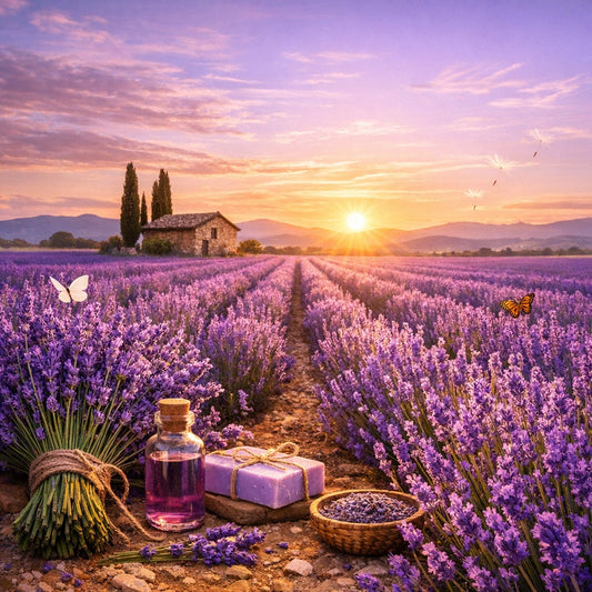 Collections of lavender items that include a field of lavender, a bunch of lavender, soap safe fragrances.