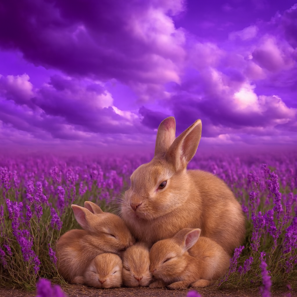 Mother rabbit and sleeping baby bunnies nestled in a lavender field beneath a purple sky — evoking the soft, soothing scent of Lavender Lullaby Fragrance Oil