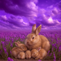 Mother rabbit and sleeping baby bunnies nestled in a lavender field beneath a purple sky — evoking the soft, soothing scent of Lavender Lullaby Fragrance Oil