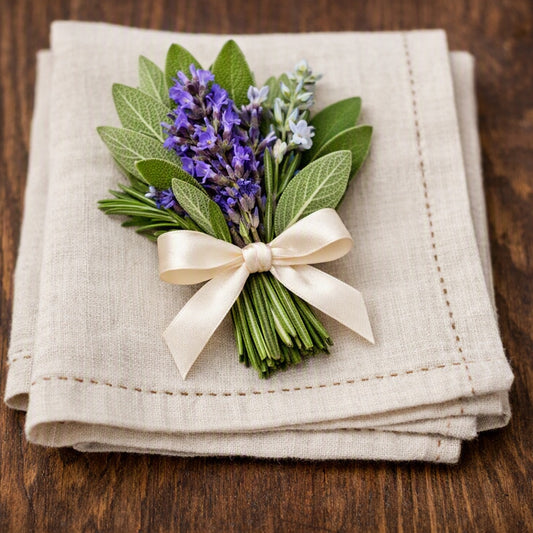 A folded beige linen napkin on a dark wood surface, decorated with a small bouquet of purple lavender, sage green leaves, and a cream satin ribbon bow. Gives the idea of Lavender Sage Fragrance Oil.