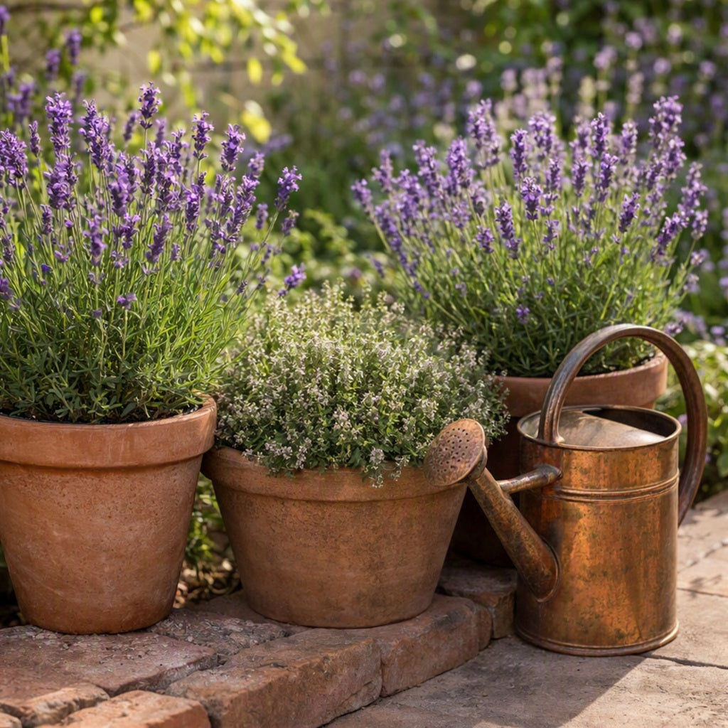 Three terracotta flower pots filled with green and purple lavender plants and thyme arranged on a stone patio next to a vintage copper watering can. To give the idea of Lavender Thyme Fragrance Oil.