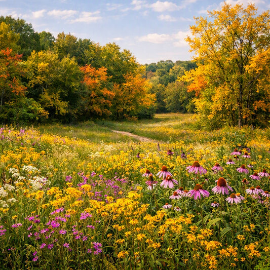 A scenic autumn meadow with a winding dirt path through dense wildflowers, including yellow daisies and pink-purple coneflowers, surrounded by colorful fall trees under a blue sky with light clouds. To give the feel for the Leaves fragrance oil.