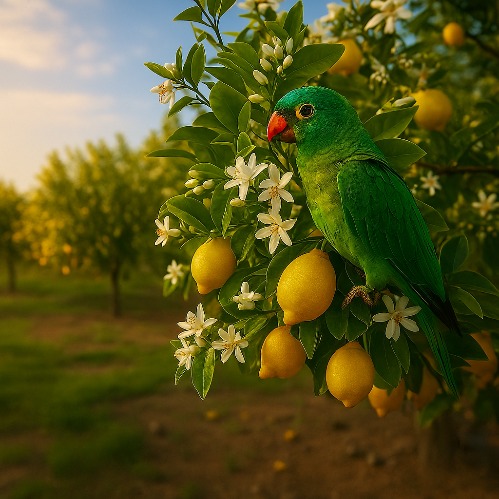 Green Parrot in a lemon tree in full bloom with blossoms and ripe fruit in a sunlit grove — inspiring the fresh, uplifting scent of Lemon Blossom Fragrance Oil.