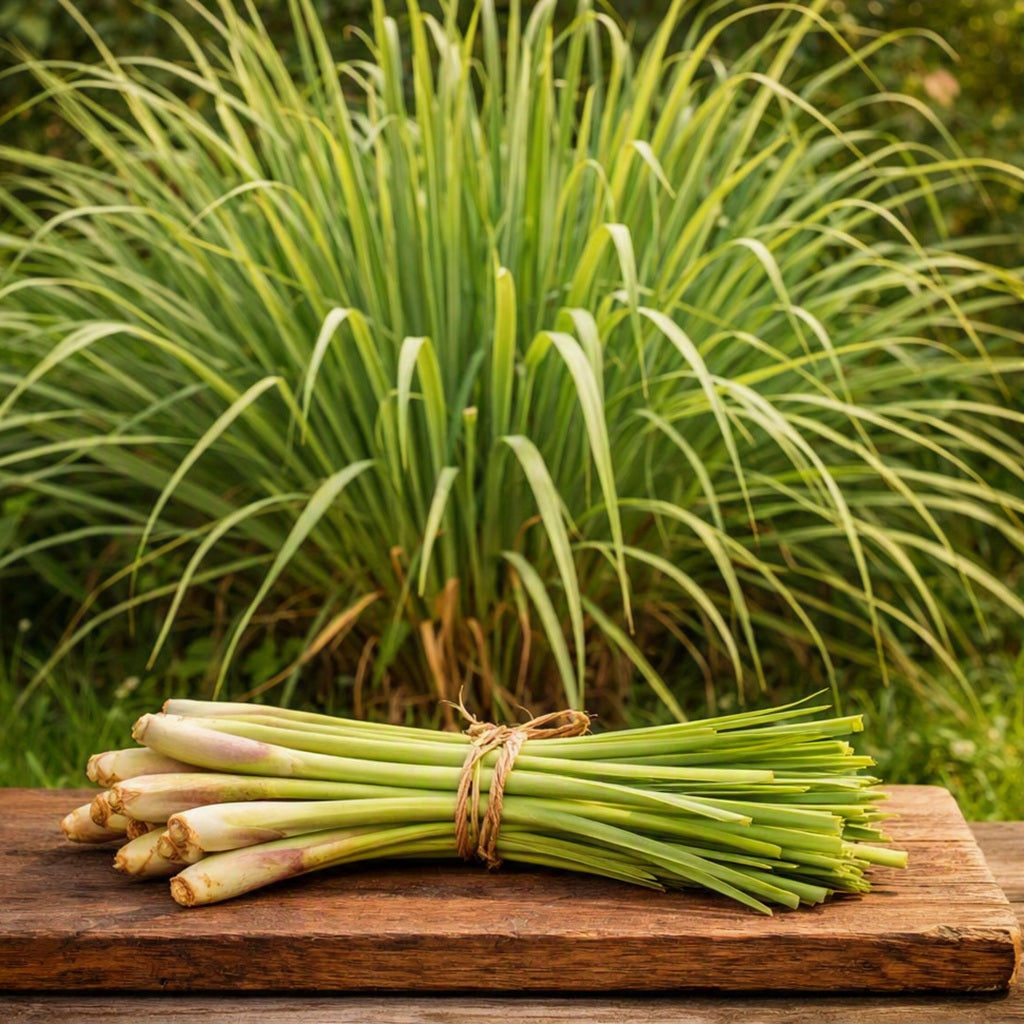 A tied bundle of fresh green onions or lemongrass stalks resting on a rustic wooden board, with a blurred patch of the same grass in the background. Depicts Lemongrass Fragrance Oil.