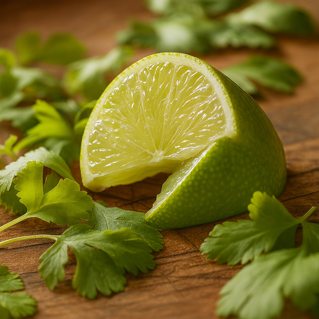 Fresh lime wedge and vibrant cilantro leaves on a rustic wooden cutting board — inspiration for the Lime Cilantro Fragrance Oil.
