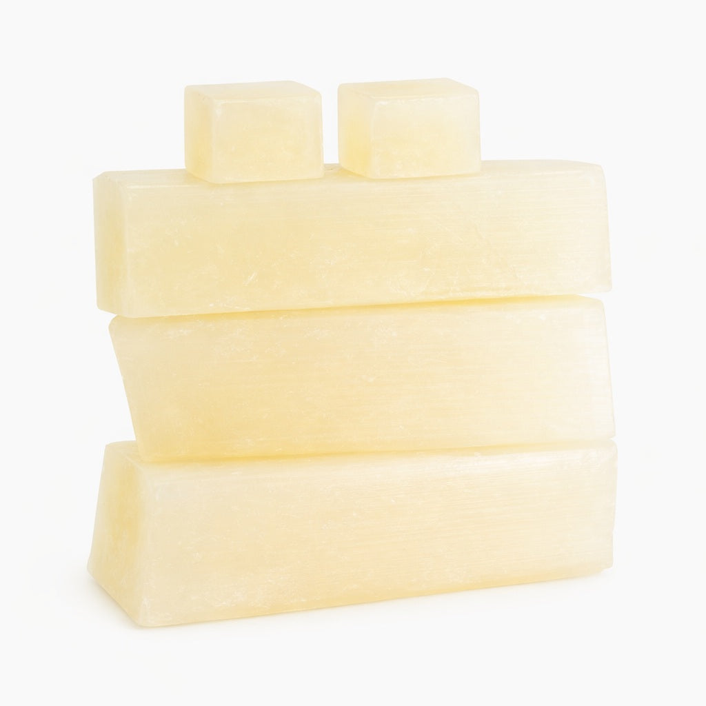 Stack of low sweat SFIC melt and pour soap base bars on a white background