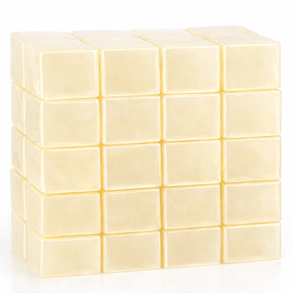   
Forty individually wrapped low‑sweat melt and pour soap base blocks stacked neatly on a white background. Each block is creamy off‑white with a translucent glow and smooth, glossy surfaces. The clear plastic wrapping fits snugly around each block, showing faint seams and folds at the edges. The blocks are arranged in an orderly grid, highlighting their uniform size and the soft, warm tone of the low‑sweat soap base.