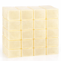   
Forty individually wrapped low‑sweat melt and pour soap base blocks stacked neatly on a white background. Each block is creamy off‑white with a translucent glow and smooth, glossy surfaces. The clear plastic wrapping fits snugly around each block, showing faint seams and folds at the edges. The blocks are arranged in an orderly grid, highlighting their uniform size and the soft, warm tone of the low‑sweat soap base.