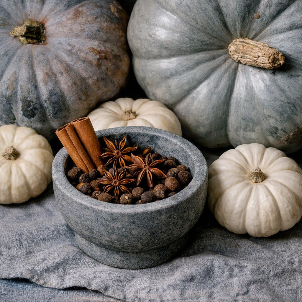 A gray stone mortar and pestle filled with whole spices, including cinnamon sticks and star anise, styled with small white pumpkins and larger blue-gray pumpkins on a textured gray fabric background. Gives the feel of Mahogany Pumpkin Fragrance Oil