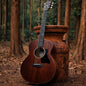 A dark brown mahogany acoustic guitar with a black pick guard leans against a large rusted metal milk can in a teak forest setting with trees and leaf-covered ground. Represents Mahogany Teakwood Fragrance Oil.