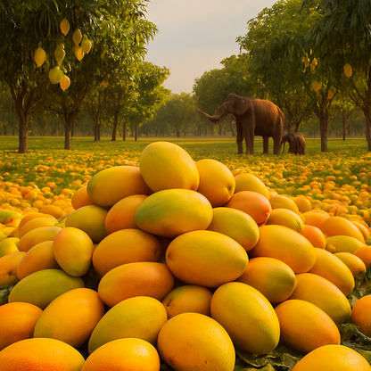 Malayan Mango Fragrance Oil represented by a lush mango grove with golden mangoes piled in natural clusters, and two distant elephants among fruit-laden trees evoking tropical warmth and abundance.