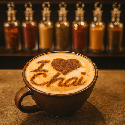 Chai latte in earthy brown mug with ‘I ♥ Chai’ cinnamon art, spice bottles behind — reminiscent of Masala Chai Fragrance Oil.
