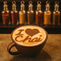 Chai latte in earthy brown mug with ‘I ♥ Chai’ cinnamon art, spice bottles behind — reminiscent of Masala Chai Fragrance Oil.