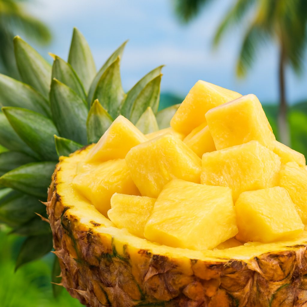 Halved pineapple filled with juicy yellow cubes, spiky green crown, tropical palm background — evoking Maui Mt. Pineapple Fragrance Oil.