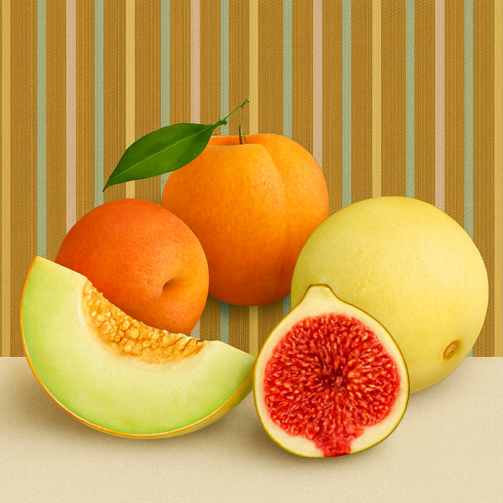“Halved cantaloupe, ripe apricot with leaf, and sliced fig arranged in front of a striped background with warm yellow, olive green, soft blue, and rich brown — reminiscent of Melon Fig and Apricot Fragrance Oil.