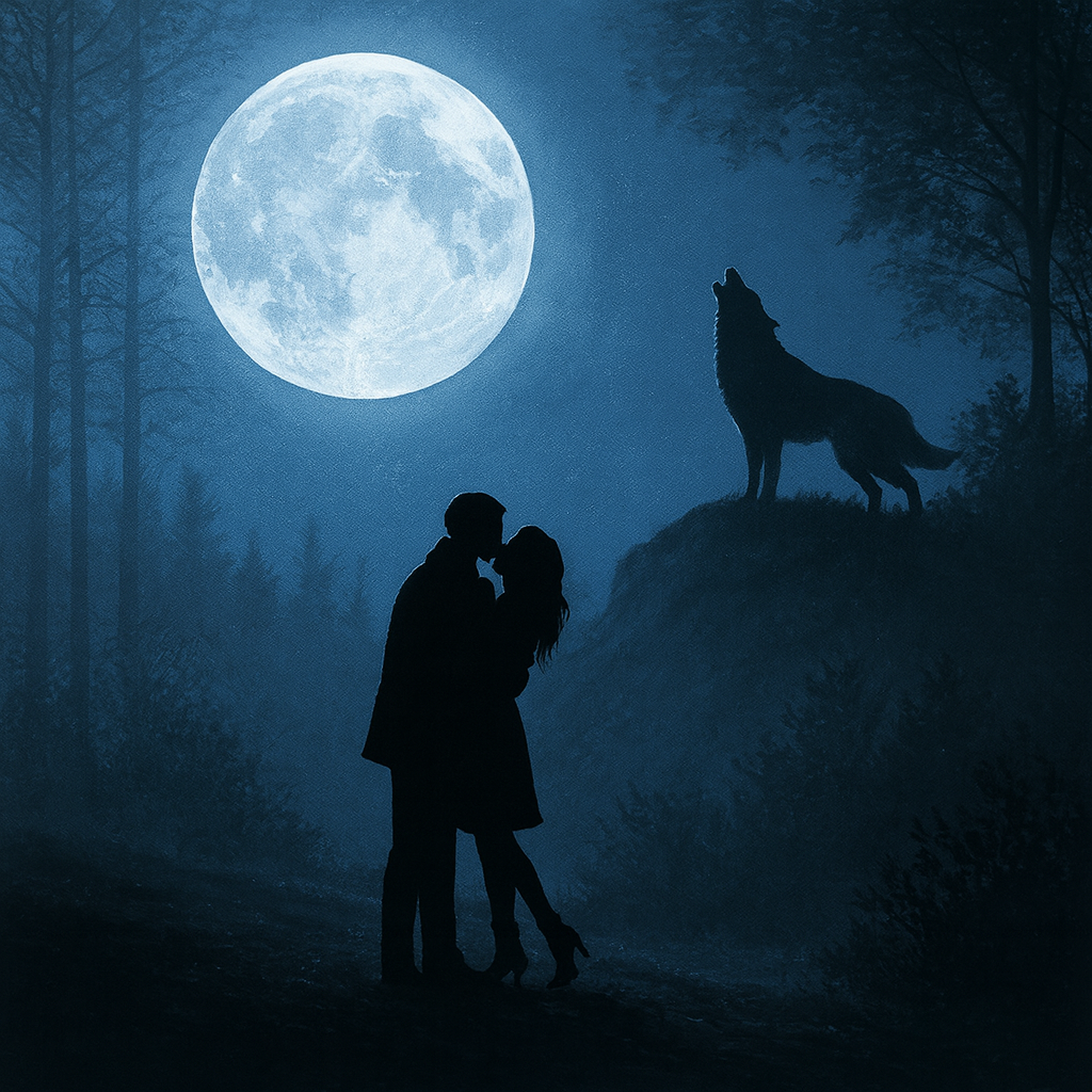 Full moon glowing over a misty forest at midnight, with a distant hilltop dog silhouetted against the sky — atmospheric blues, grays, and purples set the mood for Midnight Musk Fragrance Oil.